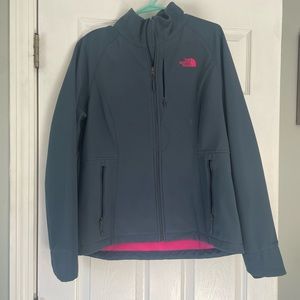 Blue and pink fleece lined women’s north face jacket